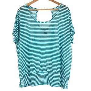 Lane Bryant Womens 18/20 Blue Striped Shirt Plus Size Key Hole Back Scoop Neck